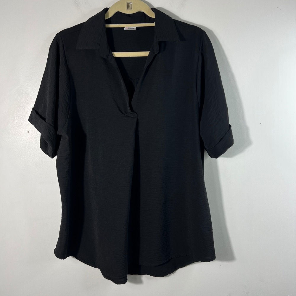 Womens The Zig Zag Stripe V Neck Short Sleeve Blouse Black L Crinkly look